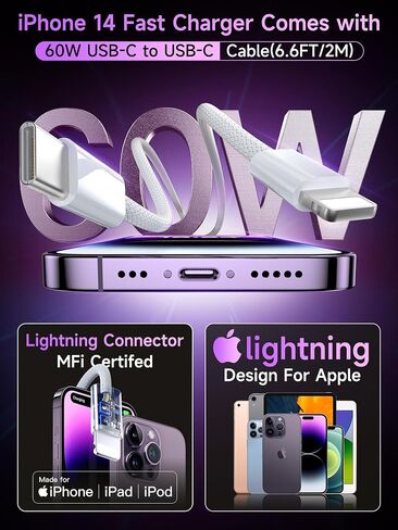 30W i Phone 14 13 12 11 Charger, 6.6FT Long Fast Charging Lightning Cable with USB C iPhone Chargers Type C Wall Charger Block for iPhone 14/14 Pro Max/13/12/11/XS/Max/XR/X/SE in Kuwait