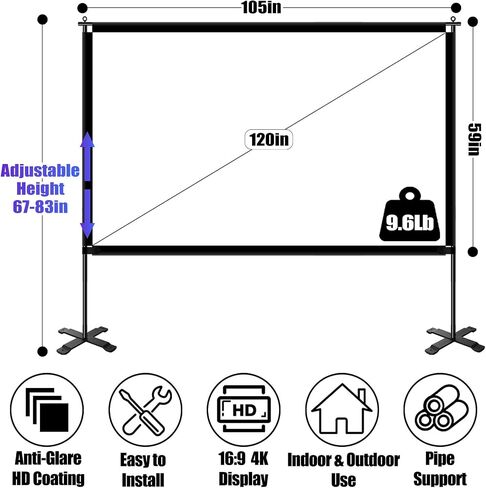 120 inch Outdoor Projector Screen with Stand, Portable Projector Screen with Carry Bag, 4K Anti Light Glare Movie Projection Screen for World Cup Indoor Room Home Theate in Saudi Arabia