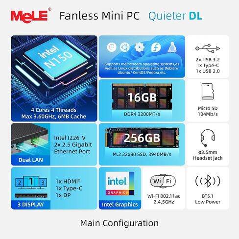 MeLE QuieterDL Dual LAN Fanless Mini PC, N150 16GB 512GB Mini Computers in Kuwait