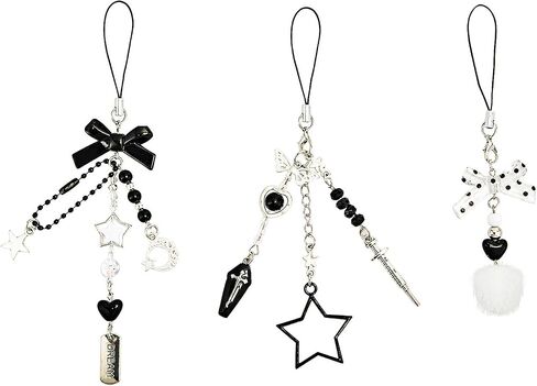 3 pcs Y2K Black Gothic Cute Cell Phone Charm Accessories Aesthetic Bow Star Heart Moon Butterfly Bead,Dark Keychain Bag Decor Strap for Women Girl in Kuwait