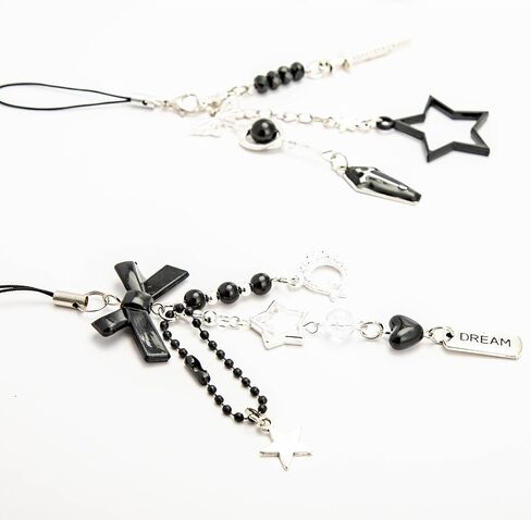 3 pcs Y2K Black Gothic Cute Cell Phone Charm Accessories Aesthetic Bow Star Heart Moon Butterfly Bead,Dark Keychain Bag Decor Strap for Women Girl in Kuwait