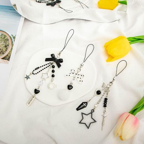 3 pcs Y2K Black Gothic Cute Cell Phone Charm Accessories Aesthetic Bow Star Heart Moon Butterfly Bead,Dark Keychain Bag Decor Strap for Women Girl in Kuwait