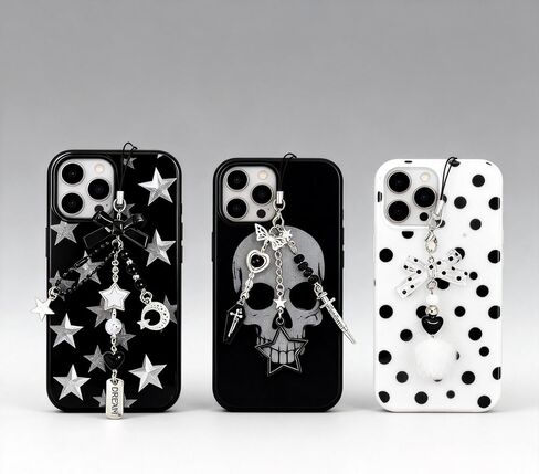 3 pcs Y2K Black Gothic Cute Cell Phone Charm Accessories Aesthetic Bow Star Heart Moon Butterfly Bead,Dark Keychain Bag Decor Strap for Women Girl in Kuwait