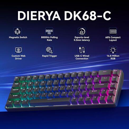 DIERYA DK68-C 60% Gaming HE Keyboard, Magnetic Switch Hot Swappable, Rapid Trigger, Adjustable Actuation, 8000Hz Polling Rate, RGB Backlit, Compact 68 Keys for Windows PC, Wired, Black in Kuwait