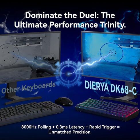 DIERYA DK68-C 60% Gaming HE Keyboard, Magnetic Switch Hot Swappable, Rapid Trigger, Adjustable Actuation, 8000Hz Polling Rate, RGB Backlit, Compact 68 Keys for Windows PC, Wired, Black in Kuwait
