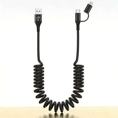 2-in-1 Coiled CarPlay Cable - USB-A to USB-C & Lightning Charging Cable, MFi Certified, 3A Fast Charge & 480Mbps Data Sync, Retractable Spring Cord for iPhone 17/16/15/14/13/12 and Android Auto, Black in Kuwait