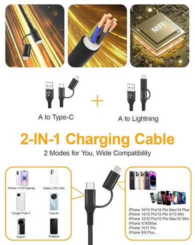 2-in-1 Coiled CarPlay Cable - USB-A to USB-C & Lightning Charging Cable, MFi Certified, 3A Fast Charge & 480Mbps Data Sync, Retractable Spring Cord for iPhone 17/16/15/14/13/12 and Android Auto, Black in Kuwait