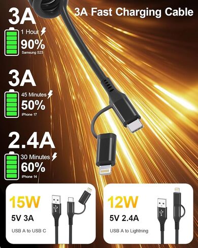 2-in-1 Coiled CarPlay Cable - USB-A to USB-C & Lightning Charging Cable, MFi Certified, 3A Fast Charge & 480Mbps Data Sync, Retractable Spring Cord for iPhone 17/16/15/14/13/12 and Android Auto, Black in Kuwait