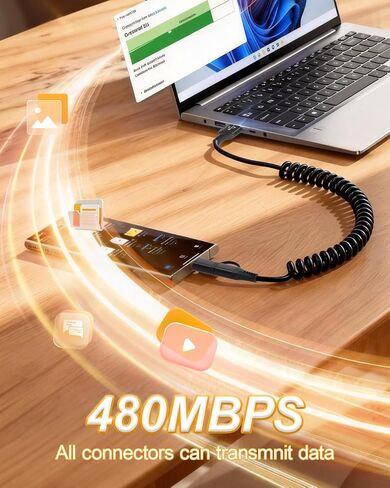 2-in-1 Coiled CarPlay Cable - USB-A to USB-C & Lightning Charging Cable, MFi Certified, 3A Fast Charge & 480Mbps Data Sync, Retractable Spring Cord for iPhone 17/16/15/14/13/12 and Android Auto, Black in Kuwait