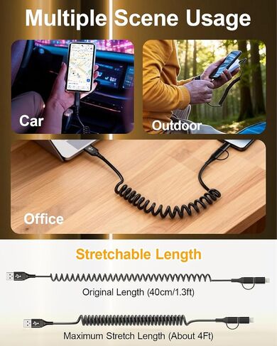 2-in-1 Coiled CarPlay Cable - USB-A to USB-C & Lightning Charging Cable, MFi Certified, 3A Fast Charge & 480Mbps Data Sync, Retractable Spring Cord for iPhone 17/16/15/14/13/12 and Android Auto, Black in Kuwait