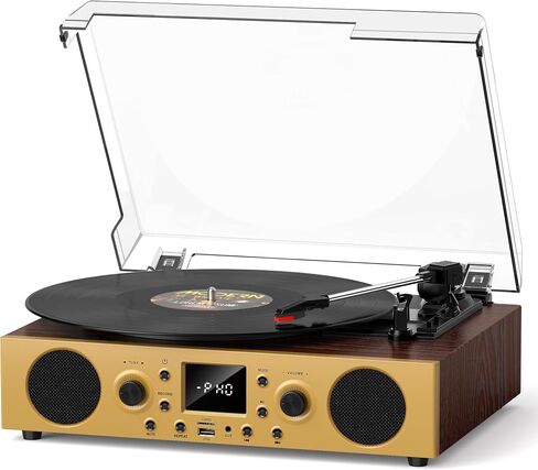 Dark Gray Wood Bluetooth Record Player, 3-Speed Turntable in Kuwait