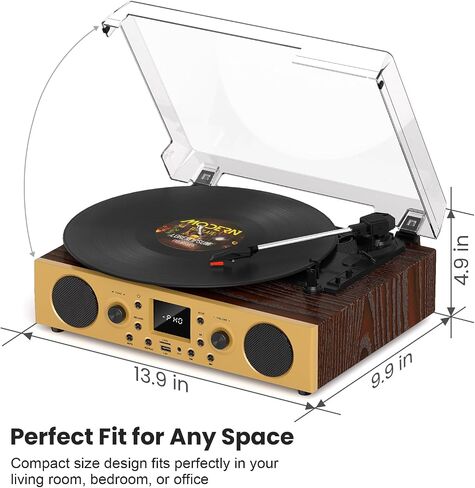 Dark Gray Wood Bluetooth Record Player, 3-Speed Turntable in Kuwait