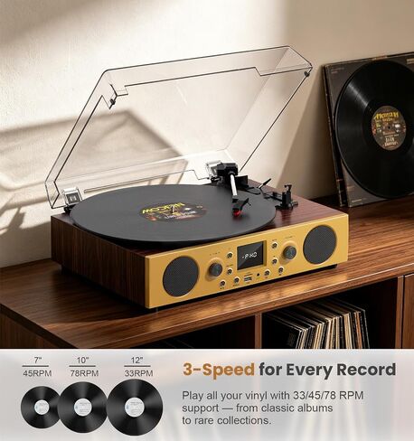 Dark Gray Wood Bluetooth Record Player, 3-Speed Turntable in Kuwait
