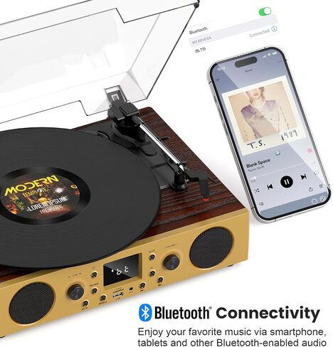 Dark Gray Wood Bluetooth Record Player, 3-Speed Turntable in Kuwait