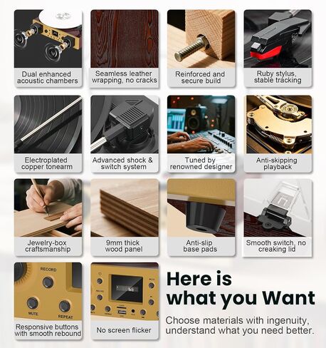 Dark Gray Wood Bluetooth Record Player, 3-Speed Turntable in Kuwait