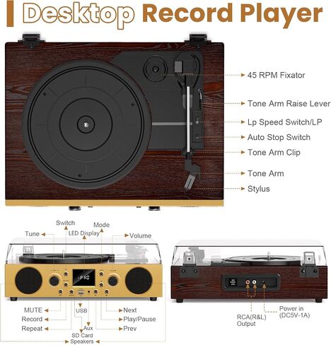 Dark Gray Wood Bluetooth Record Player, 3-Speed Turntable in Kuwait