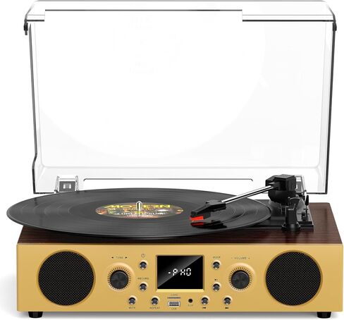 Dark Gray Wood Bluetooth Record Player, 3-Speed Turntable in Kuwait