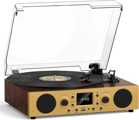 Dark Gray Wood Bluetooth Record Player, 3-Speed Turntable in Kuwait