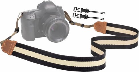 Padwa Lifestyle Camera Strap - 1.5" Crazy Horse Cowhide Ends Adjustable Cute Camera Straps for Photographers, Soft Fabric Cotton Weave Strap Quick Release fits All Cameras(Beige Black Striped) in Kuwait