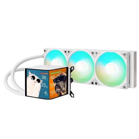 TRYX Panorama 360 ARGB White 360mm AIO 6.5'' AMOLED L-Shaped Screen 3D Anamorphic Effect Display Customizable AIO Cooler 360mm Asetek 8th Gen 320w TDP ARGB Fan Intel LGA 1700/1200/115X AMD AM5/AM4 in Kuwait