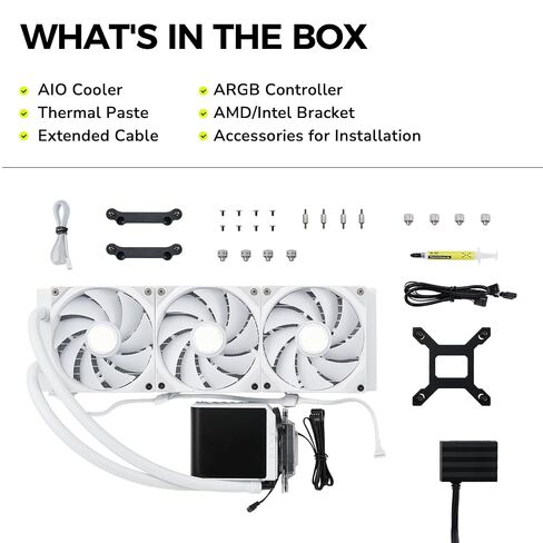 TRYX Panorama 360 ARGB White 360mm AIO 6.5'' AMOLED L-Shaped Screen 3D Anamorphic Effect Display Customizable AIO Cooler 360mm Asetek 8th Gen 320w TDP ARGB Fan Intel LGA 1700/1200/115X AMD AM5/AM4 in Kuwait