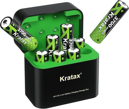 Kratax 3700mWh AA Rechargeable Lithium Batteries with Charger, 8 Pack high Capacity Double A li-ion Batteries 1.5v, Long Lasting, Charging Storage Box with AA Lithium Battery Rechargeable in Kuwait