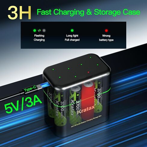 Kratax 3700mWh AA Rechargeable Lithium Batteries with Charger, 8 Pack high Capacity Double A li-ion Batteries 1.5v, Long Lasting, Charging Storage Box with AA Lithium Battery Rechargeable in Kuwait