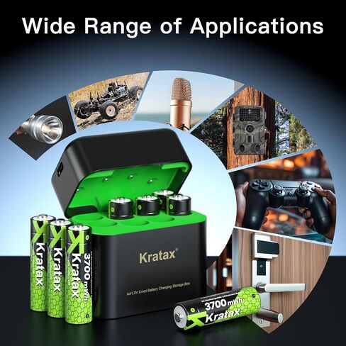 Kratax 3700mWh AA Rechargeable Lithium Batteries with Charger, 8 Pack high Capacity Double A li-ion Batteries 1.5v, Long Lasting, Charging Storage Box with AA Lithium Battery Rechargeable in Kuwait