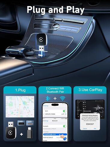 CarPlay Adapter for iPhone, Wireless Car Play Adapter, Converts OEM Wired Apple CarPlay to Wireless, Extension USB & USB-C/Type-C, Low Latency in Kuwait