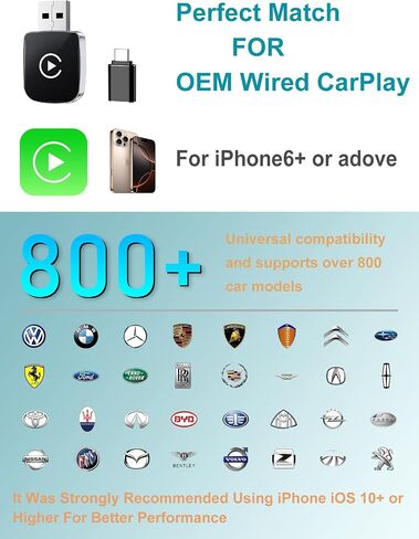 CarPlay Adapter for iPhone, Wireless Car Play Adapter, Converts OEM Wired Apple CarPlay to Wireless, Extension USB & USB-C/Type-C, Low Latency in Kuwait