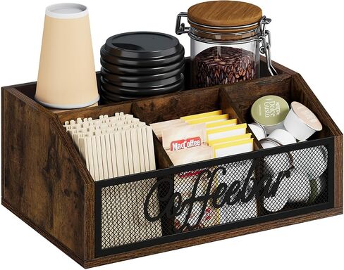 YINMIT Coffee Station Organizer for Countertop, Wood Coffee Bar Organizer with Removable Dividers for Pods, Syrup, Cups, Stirrer, Tea - Office Coffee Bar Accessories, Iron Mesh-Vintage Brown in Kuwait