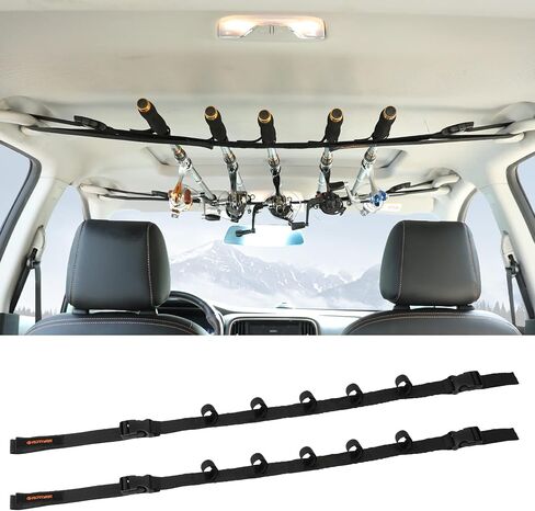 Roylvan 2 Pack Vehicle Fishing Rod Holder - Fishing Pole Car Rack 5 Rods Capacity, Adjustable 30 to 54 Inches Horizontal Roof Storage Carrier Belt for SUV, Truck and Van, Black in Saudi Arabia