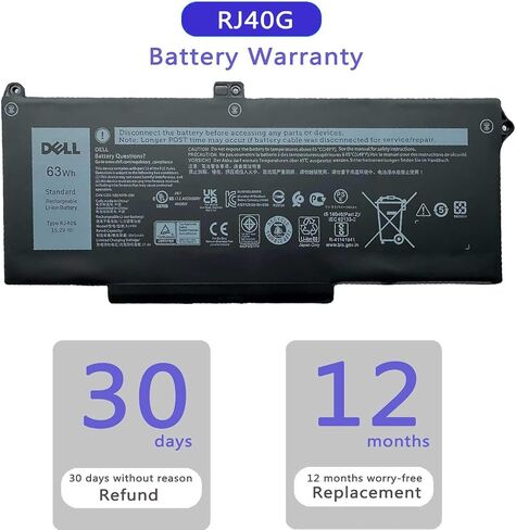 DELL RJ40G Laptop Battery for Dell Latitude 15 5520 Latitude 14 5420 Precision 15 3560 Series M033W 01K2CF 075X16 WY9DX P137G P137G001 P104F P104F001 P104F002 0WK3F1 0M3KCN 15.2V 4-Cell 63Wh in Kuwait