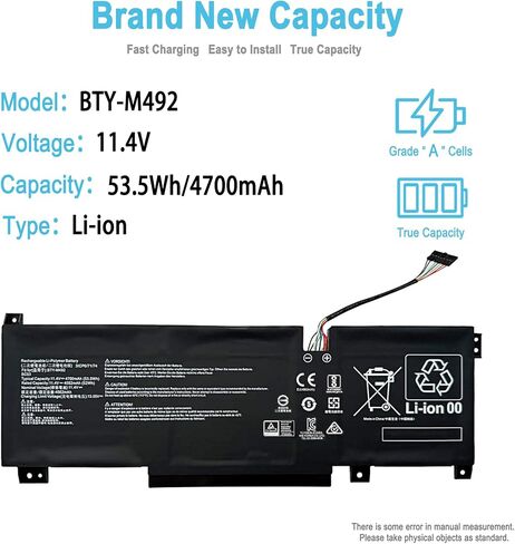53.5Wh BTY-M492 Replacement Laptop Battery for MSI Pulse GL66 11UEK-016AU 11UDK-255VN 11UCK Katana GF66 GF76 11UC 11SC 12UD 12UG 12UGS Crosshair 15 17 A11UEK Series 4700mAh 11.4V in Kuwait