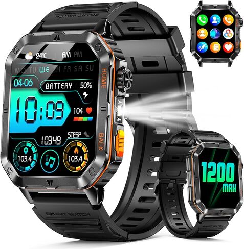 Military Smart Watch for Men, 2.01'' Fitness Tracker with 1200mAh Long Battery Life, Bluetooth Calls, Flashlight, IP68 Waterproof, Heart Rate/Sleep Tracking, 100+ Sports Modes for Android iPhone in Kuwait