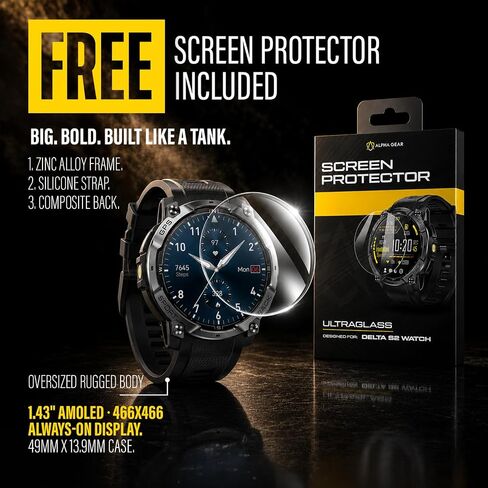 ALPHAGEAR Delta Series 2 Smartwatch for Men, Tactical Rugged Smart Watch, 1.43" AMOLED Display, 530mAh 21-Day Battery, Bluetooth Calling, Built-in Flashlight, 3 ATM Water Resistant, Android iPhone in Kuwait