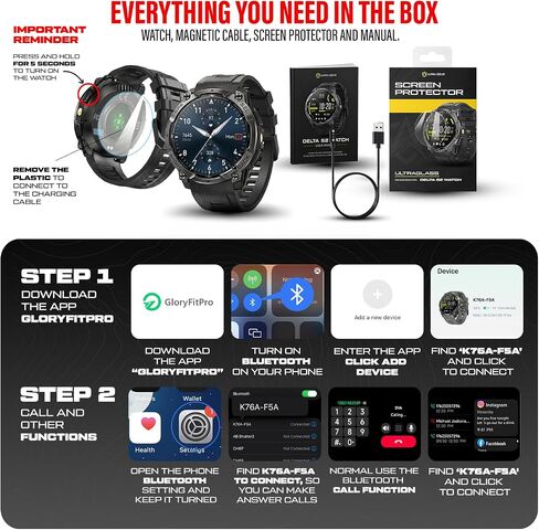 ALPHAGEAR Delta Series 2 Smartwatch for Men, Tactical Rugged Smart Watch, 1.43" AMOLED Display, 530mAh 21-Day Battery, Bluetooth Calling, Built-in Flashlight, 3 ATM Water Resistant, Android iPhone in Kuwait