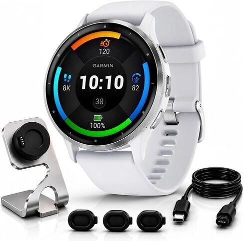 Garmin Venu 3S Soft Gold Stainless Steel Bezel AMOLED Smartwatch, 41mm Ivory Case, 010-02785-04 - Bundle w/Deco Essentials Charging Dock, Dust Cover and USB-C Cable in Kuwait