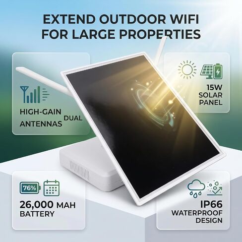 Cosiki Solar Powered Modem Router 656ft WiFi Range 300Mbps 15W Panel 26000mAh Dual Antenna IP66 Outdoor Solar Modem WiFi Extender Water Proof Repeater for Outdoor in Kuwait