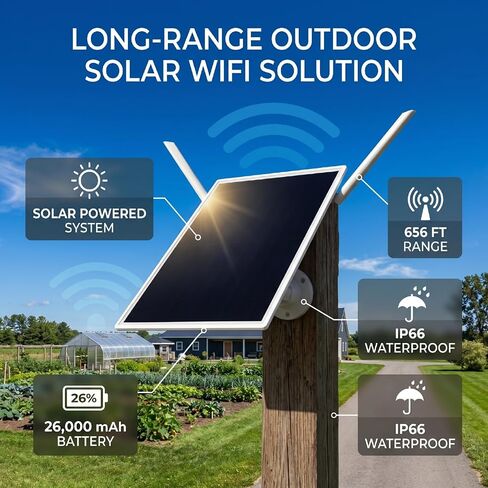 Cosiki Solar Powered Modem Router 656ft WiFi Range 300Mbps 15W Panel 26000mAh Dual Antenna IP66 Outdoor Solar Modem WiFi Extender Water Proof Repeater for Outdoor in Kuwait