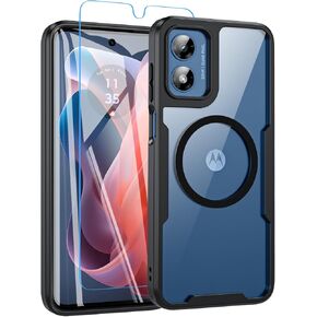 BESINPO Magnetic for Moto G Play 2024 Case with Tempered Screen Protector[Compatible with Magsafe][Military Grade Drop Protection] Clear Slim Shockproof Protective Phone Cover-Transparent+Black in Kuwait