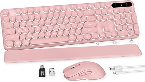 Wireless Keyboard and Mouse Combo, Round Backlit Keycaps, Retro Typewriter Keyboard with Detachable Wrist Rest, Rechargeable & Tilt Legs, 2.4GHz Cordless Connection for Windows/PC (Glowing Pink) in Kuwait