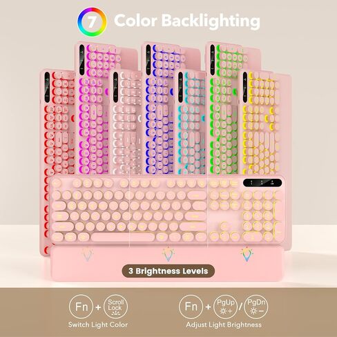 Wireless Keyboard and Mouse Combo, Round Backlit Keycaps, Retro Typewriter Keyboard with Detachable Wrist Rest, Rechargeable & Tilt Legs, 2.4GHz Cordless Connection for Windows/PC (Glowing Pink) in Kuwait