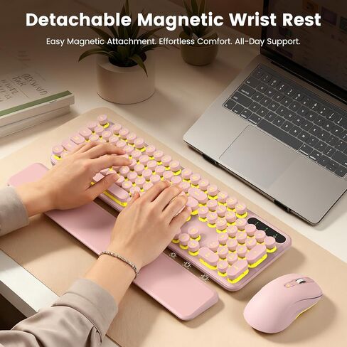 Wireless Keyboard and Mouse Combo, Round Backlit Keycaps, Retro Typewriter Keyboard with Detachable Wrist Rest, Rechargeable & Tilt Legs, 2.4GHz Cordless Connection for Windows/PC (Glowing Pink) in Kuwait