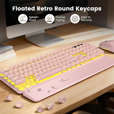 Wireless Keyboard and Mouse Combo, Round Backlit Keycaps, Retro Typewriter Keyboard with Detachable Wrist Rest, Rechargeable & Tilt Legs, 2.4GHz Cordless Connection for Windows/PC (Glowing Pink) in Kuwait