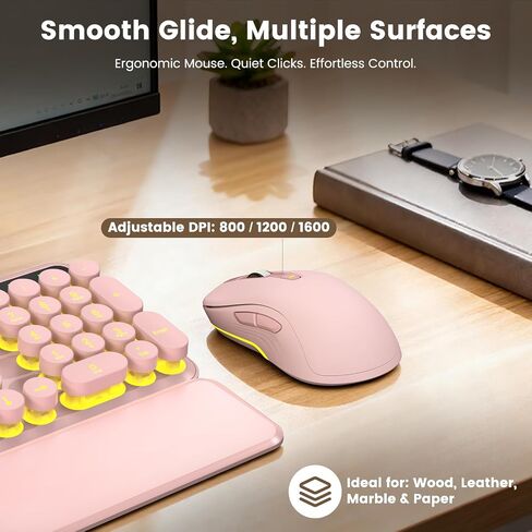 Wireless Keyboard and Mouse Combo, Round Backlit Keycaps, Retro Typewriter Keyboard with Detachable Wrist Rest, Rechargeable & Tilt Legs, 2.4GHz Cordless Connection for Windows/PC (Glowing Pink) in Kuwait