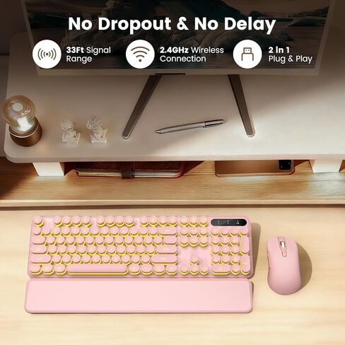 Wireless Keyboard and Mouse Combo, Round Backlit Keycaps, Retro Typewriter Keyboard with Detachable Wrist Rest, Rechargeable & Tilt Legs, 2.4GHz Cordless Connection for Windows/PC (Glowing Pink) in Kuwait