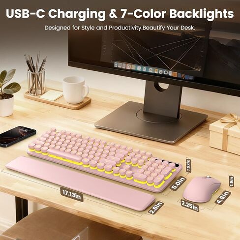 Wireless Keyboard and Mouse Combo, Round Backlit Keycaps, Retro Typewriter Keyboard with Detachable Wrist Rest, Rechargeable & Tilt Legs, 2.4GHz Cordless Connection for Windows/PC (Glowing Pink) in Kuwait