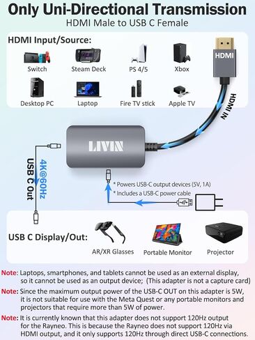 HDMI to USB C Adapter (4K@60Hz) Portable Monitor, AR Glasses XREAL One、Air 2 Pro/VITURE Pro/RayNeo Air 2s/Rokid, HDMI Male(Source) to USB C Female(Display) Laptop,Switch,ROG Ally,Steam Deck,PS4/5,Xbox in Kuwait