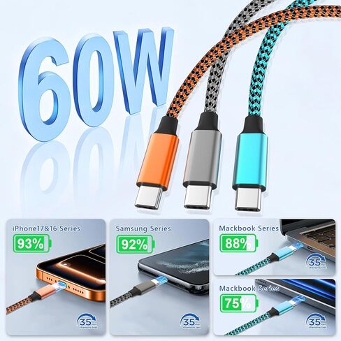 Exeric USB C to USB C Cable Fast Charging Nylon Braided 60w 3PACK 6FT in Kuwait